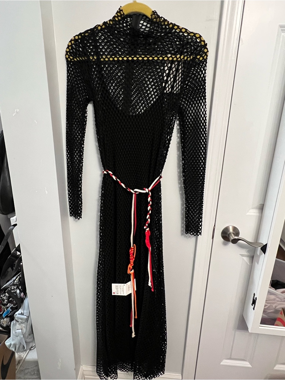 Zara Black Mesh Long Sleeve Maxi Dress w mock neck & colorful rope tie; S; NWT